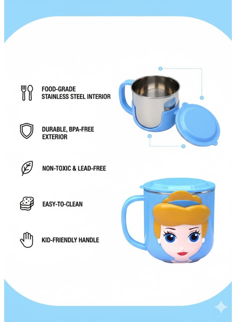 Disney Kids Stainless Steel Drinking Mug with Lid – Cartoon Design | Double Wall Insulated Cup for Hot & Cold Drinks | Leak-Resistant, Safe & Durable Children Mug (Cinderella) - Image 4